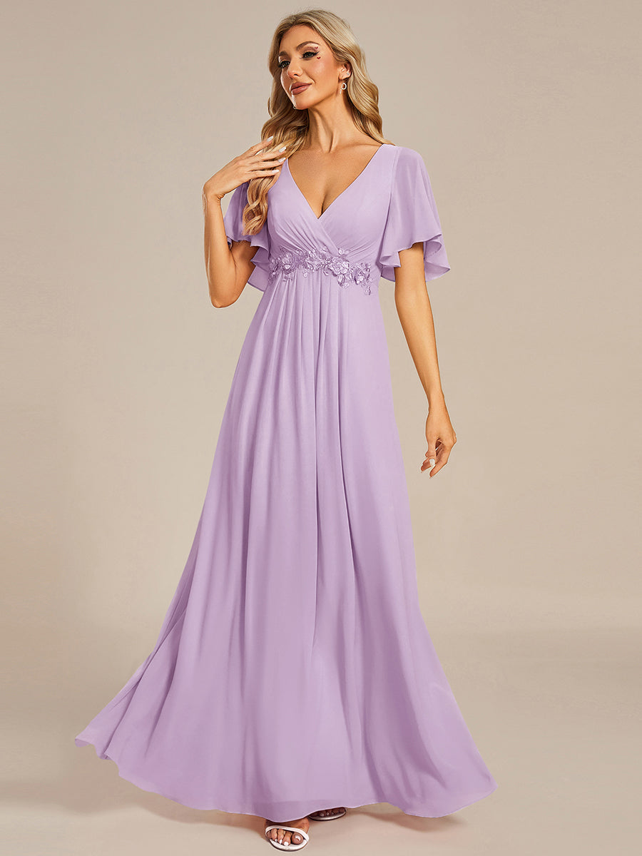 Ruffles Sleeve A-Line Chiffon Waist Applique Maxi Evening Dress #color_Frosted Lilac