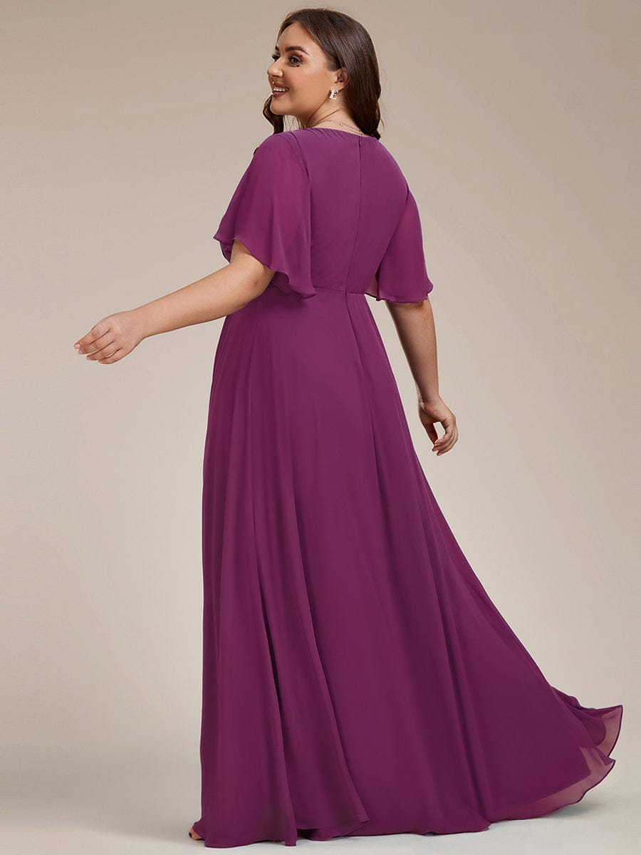Ruffles Sleeve A-Line Chiffon Waist Applique Maxi Evening Dress #color_Fuchsia