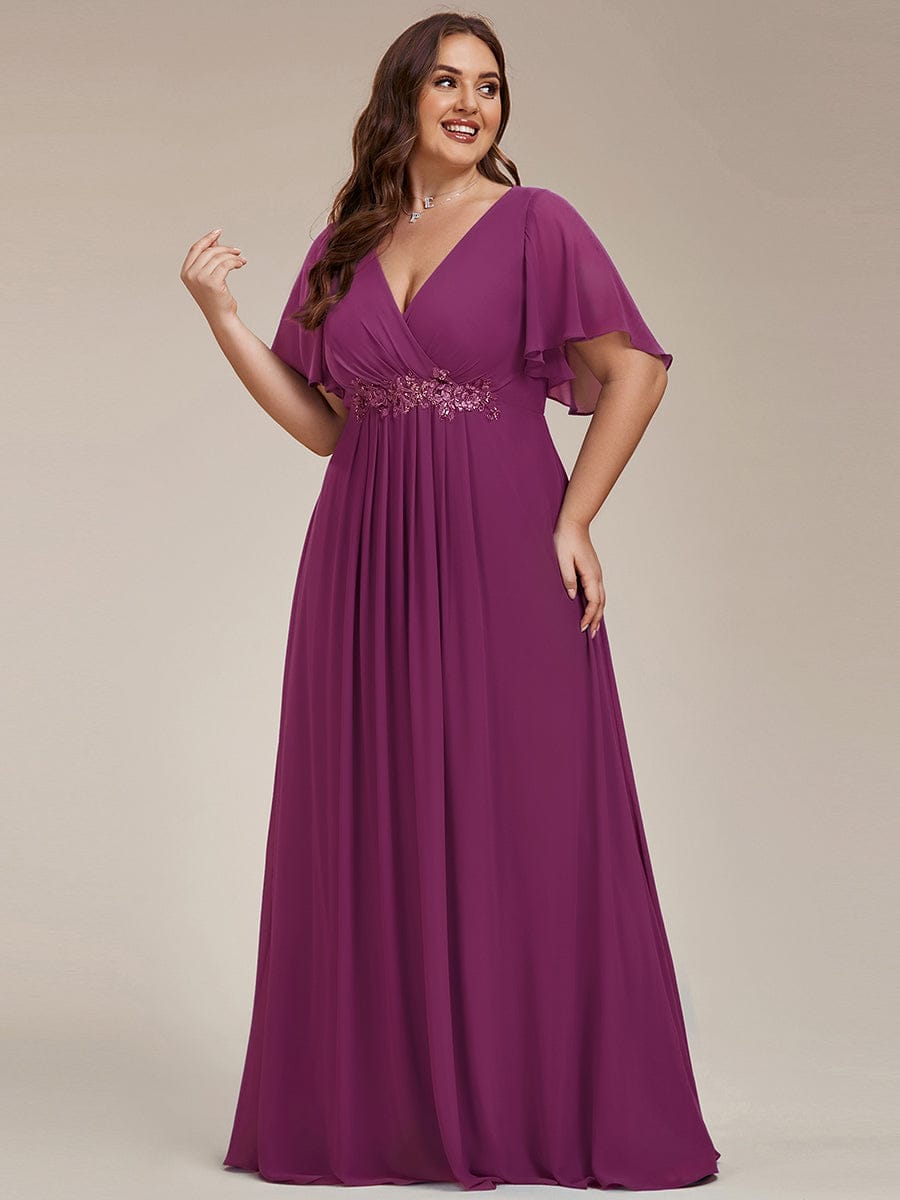 Plus Size Floral Applique Short Sleeve A-Line Chiffon Evening Dress #color_Fuchsia