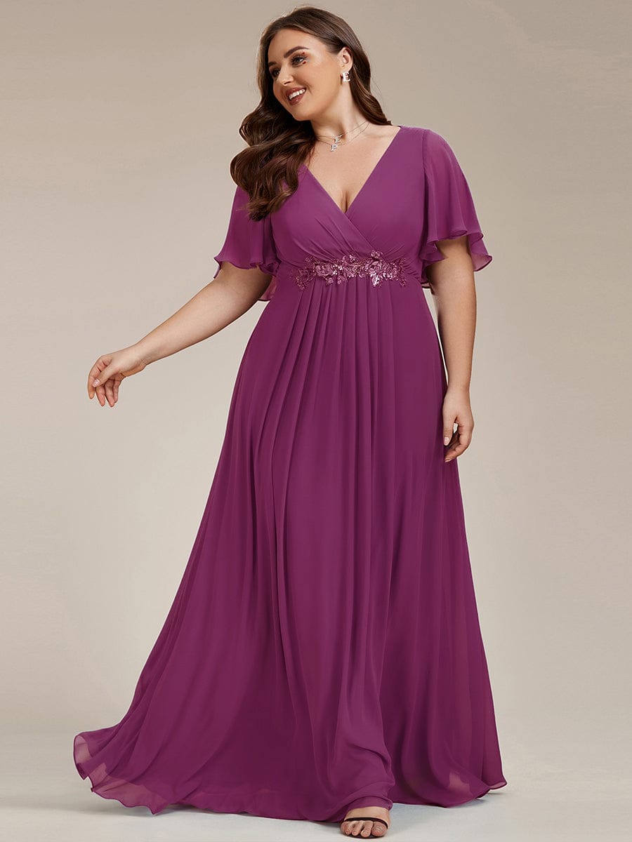 Ruffles Sleeve A-Line Chiffon Waist Applique Maxi Wedding Guest Dress #color_Fuchsia