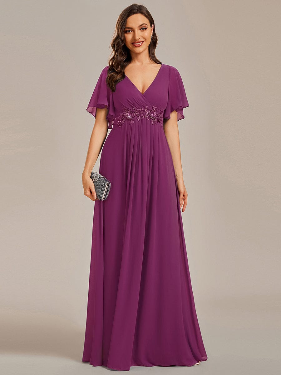 Ruffles Sleeve A-Line Chiffon Waist Applique Maxi Evening Dress #color_Fuchsia