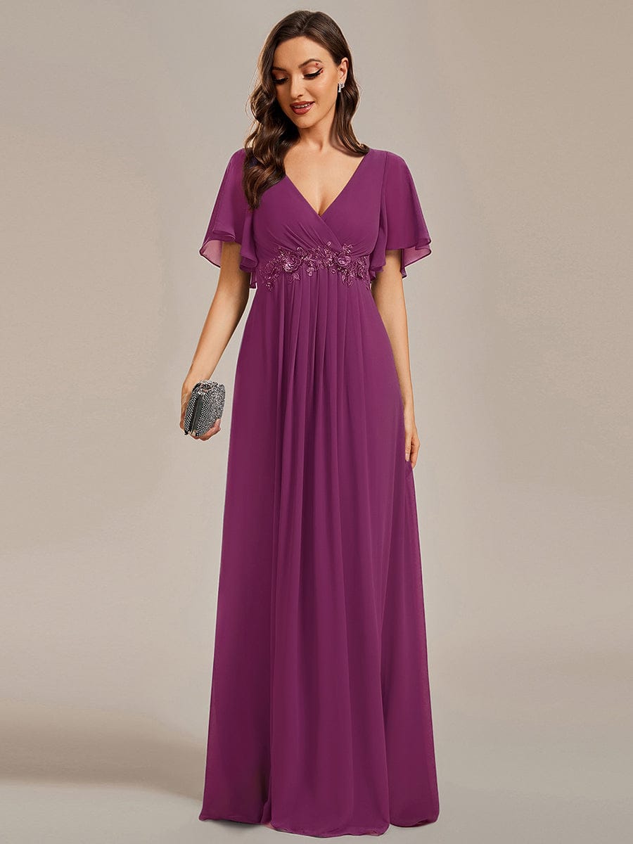 Ruffles Sleeve A-Line Chiffon Waist Applique Maxi Wedding Guest Dress #color_Fuchsia