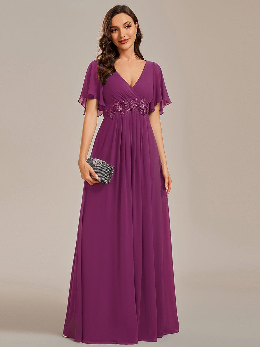 Ruffles Sleeve A-Line Chiffon Waist Applique Maxi Mother of the Bride Dress #color_Fuchsia