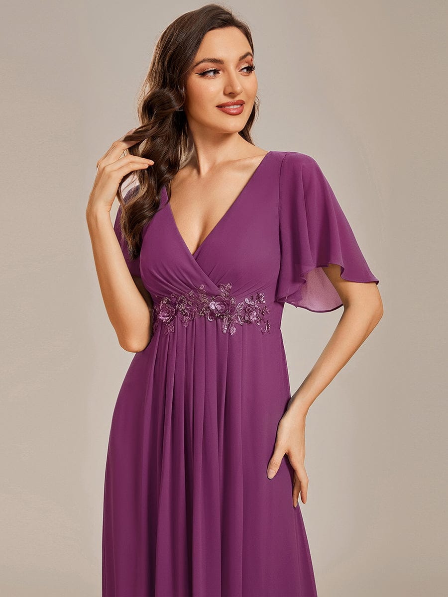 Ruffles Sleeve A-Line Chiffon Waist Applique Maxi Mother of the Bride Dress #color_Fuchsia
