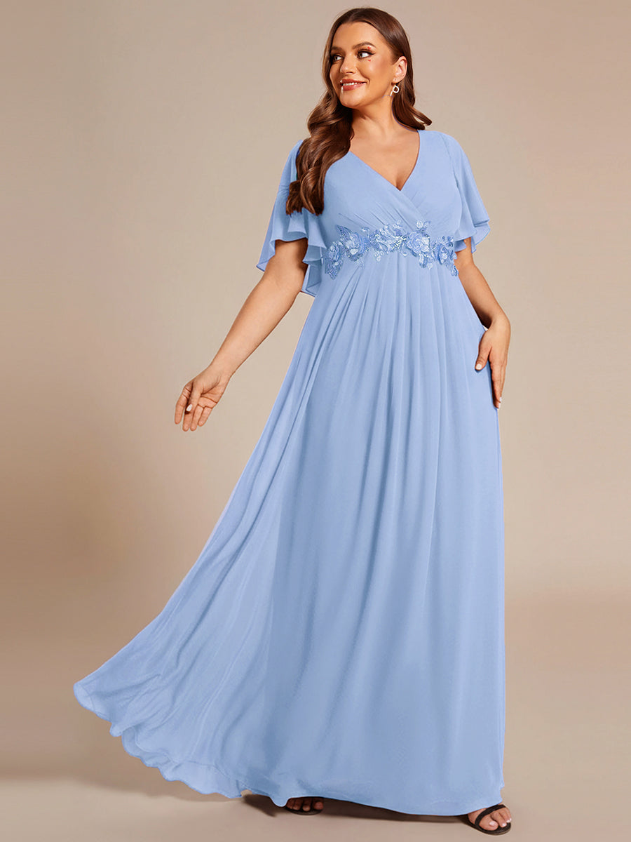 Applique Chiffon Ruffle Sleeve Evening Dress #color_Ice Blue