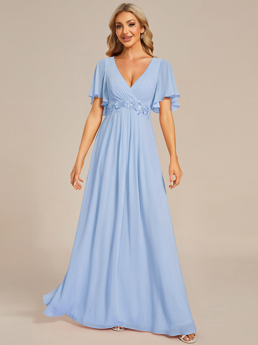 Applique Chiffon Ruffle Sleeve Evening Dress #color_Ice Blue