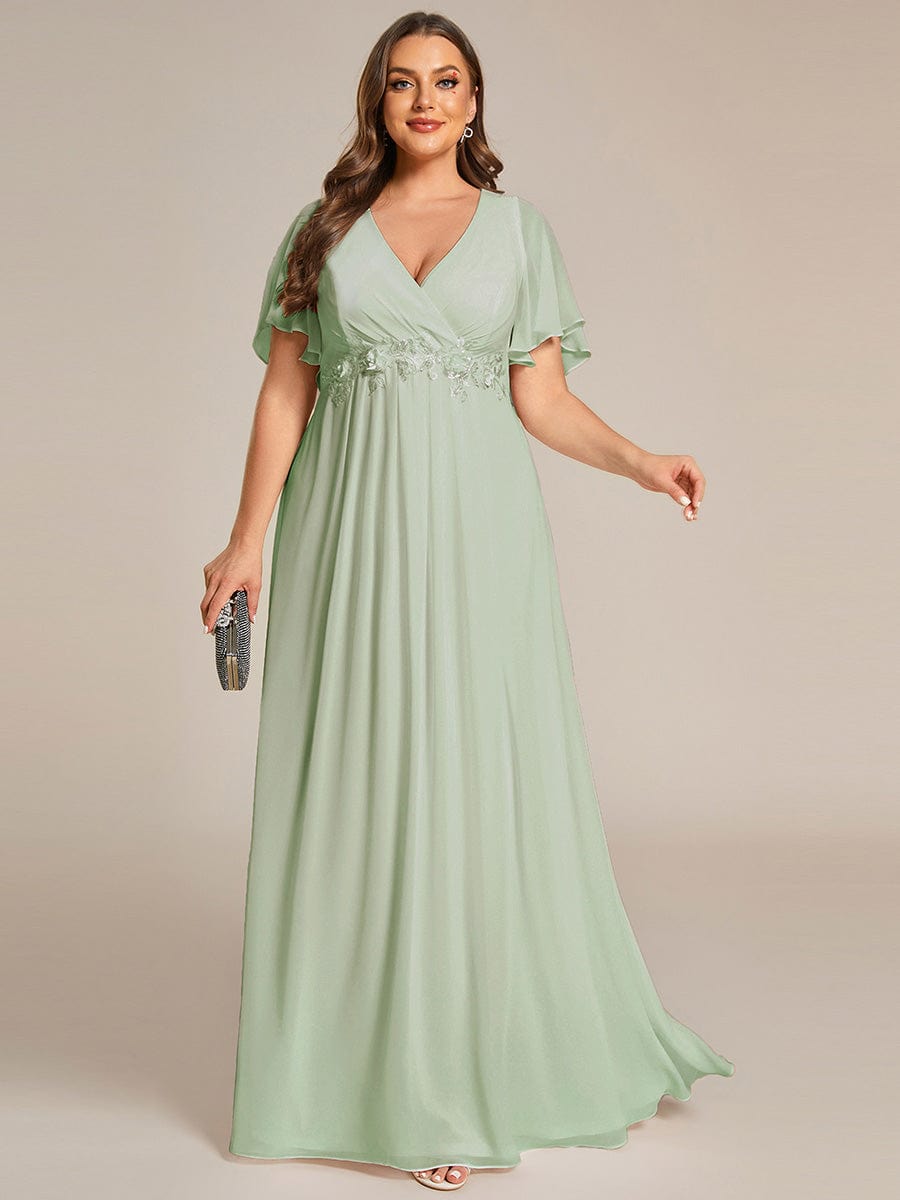 Plus Size Floral Applique Short Sleeve A-Line Chiffon Formal Evening Dress