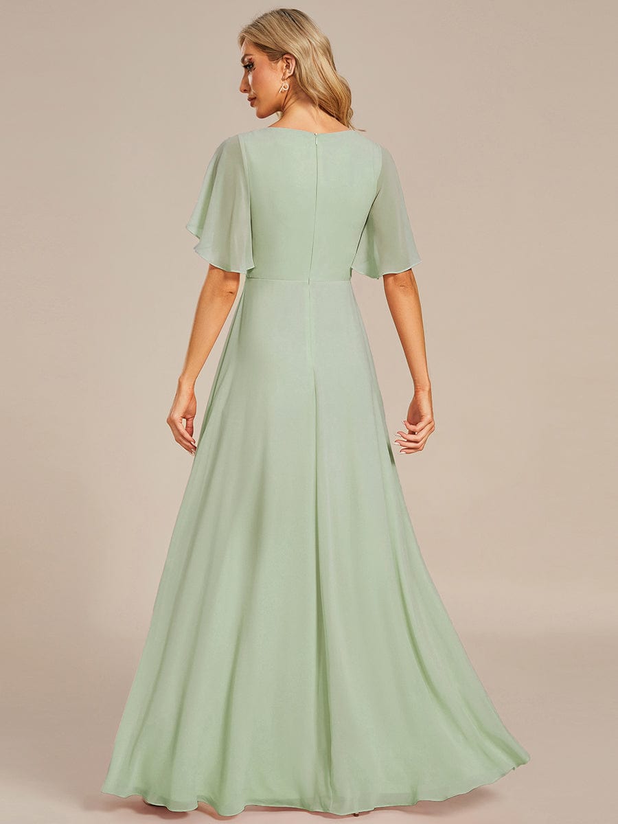 Ruffles Sleeve A-Line Chiffon Waist Applique Maxi Formal Evening Dress