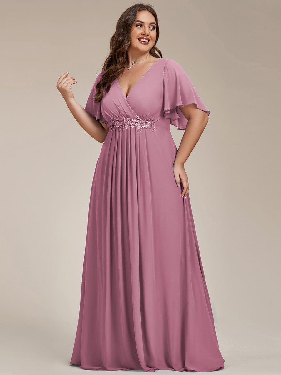 Plus Size Floral Applique Short Sleeve A-Line Chiffon Evening Dress #color_Purple Orchid