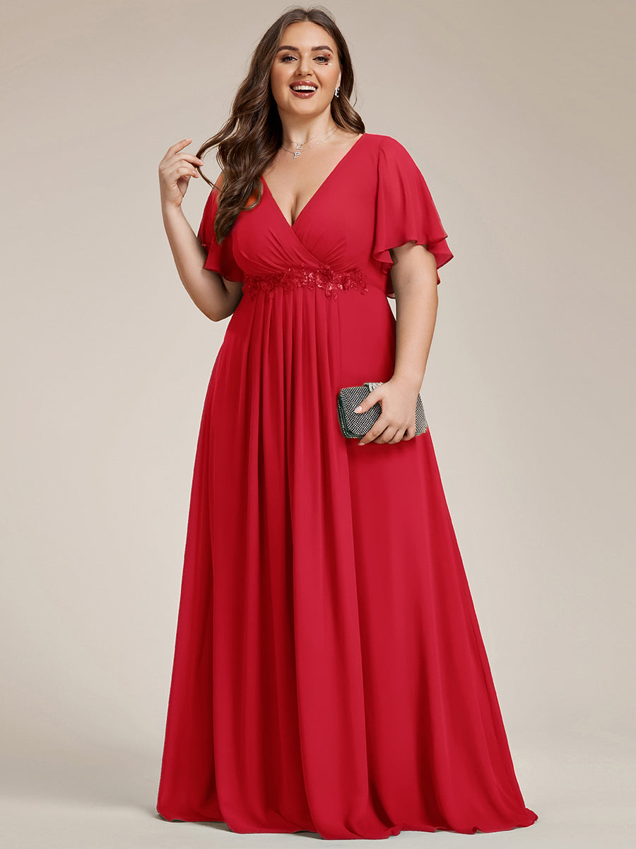 Applique Chiffon Ruffle Sleeve Evening Dress #color_Red