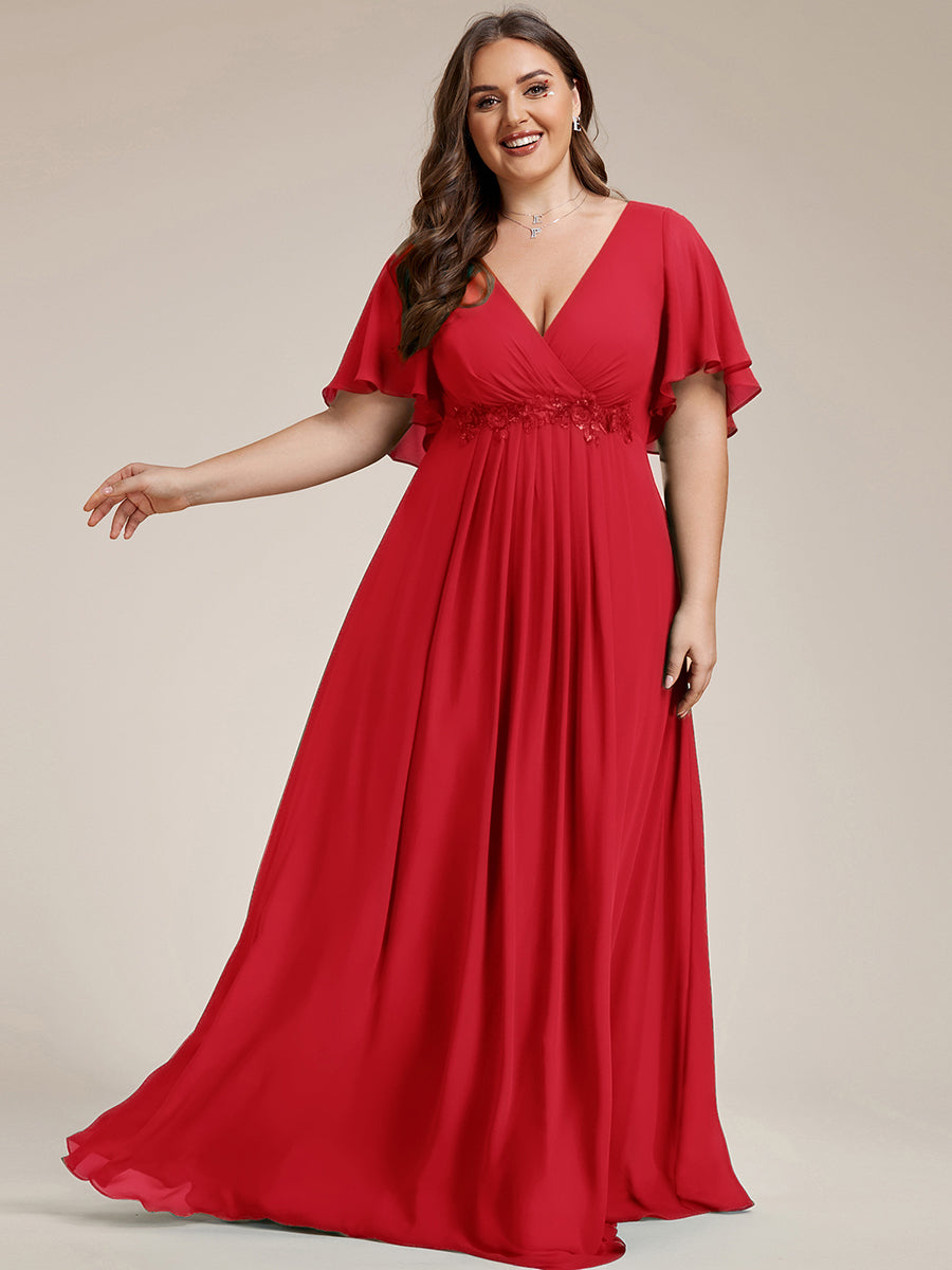 Applique Chiffon Ruffle Sleeve Evening Dress #color_Red