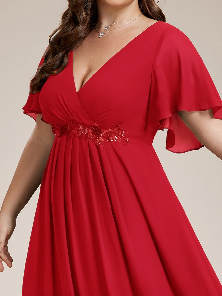 Applique Chiffon Ruffle Sleeve Evening Dress #color_Red