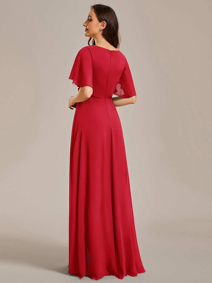 Applique Chiffon Ruffle Sleeve Evening Dress #color_Red