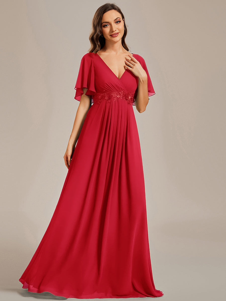 Applique Chiffon Ruffle Sleeve Evening Dress #color_Red