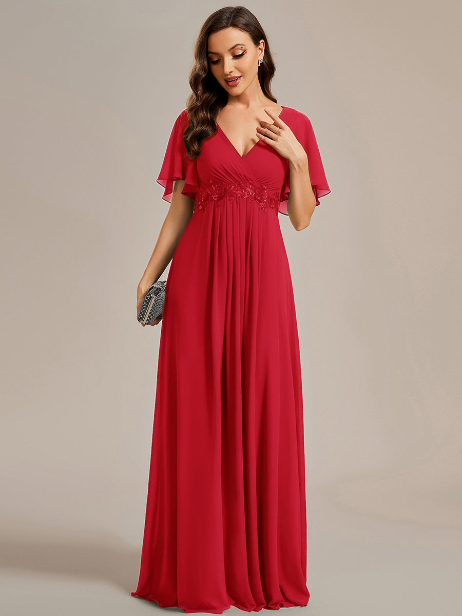 Applique Chiffon Ruffle Sleeve Evening Dress #color_Red