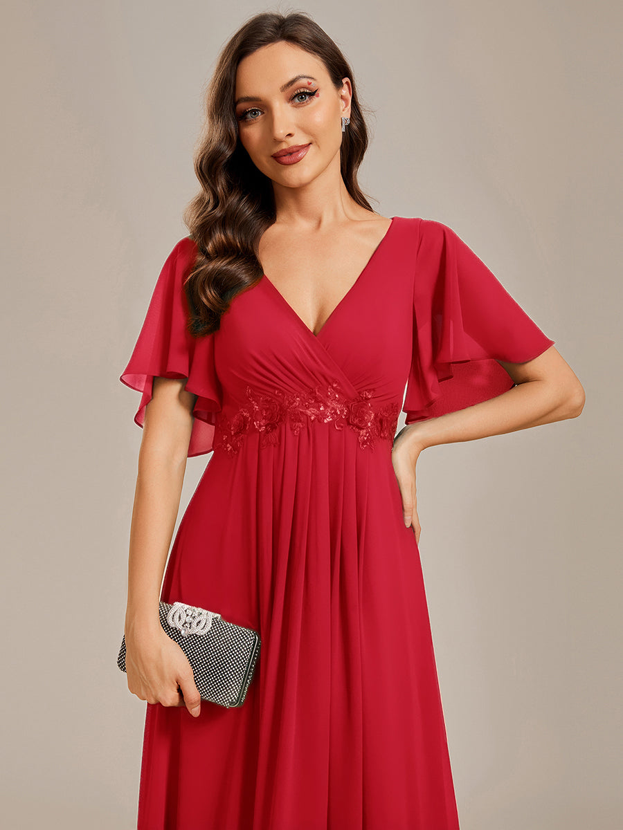 Applique Chiffon Ruffle Sleeve Evening Dress #color_Red