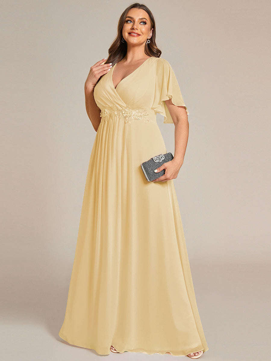 Plus Size Floral Applique Short Sleeve A-Line Chiffon Evening Dress #color_Yellow