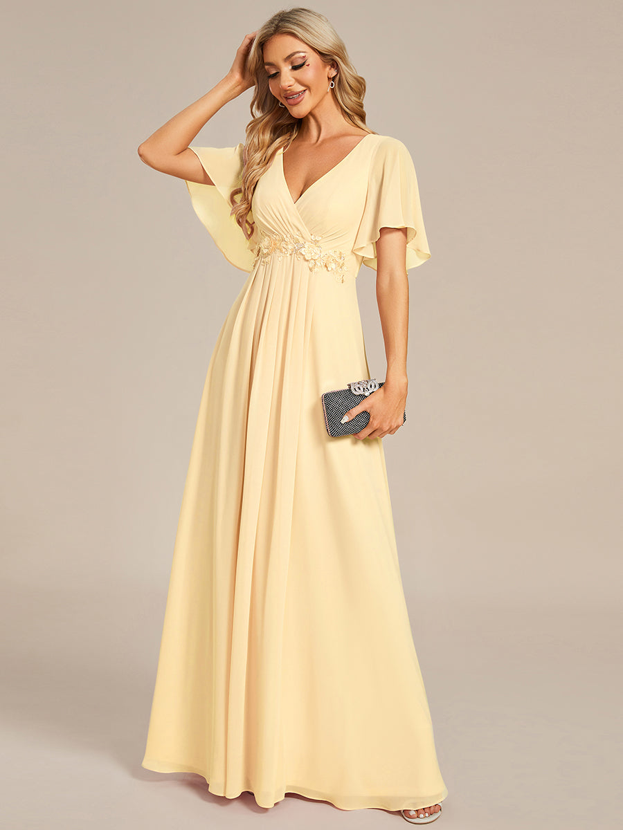Applique Chiffon Ruffle Sleeve Evening Dress #color_Yellow