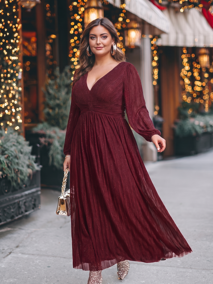 Glittery Empire Waist Long Lantern Sleeves A-Line Evening Dress #color_Burgundy