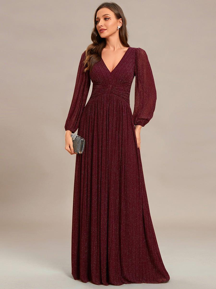 Glittery Empire Waist Long Lantern Sleeves A-Line Evening Dress #color_Burgundy