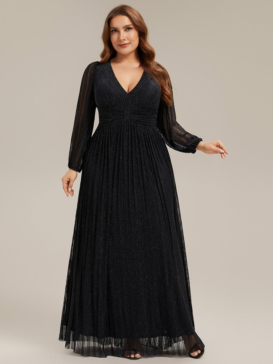 Plus Size Dazzling Empire Waist See-Through Long Sleeves A-Line Evening Dress #color_Black