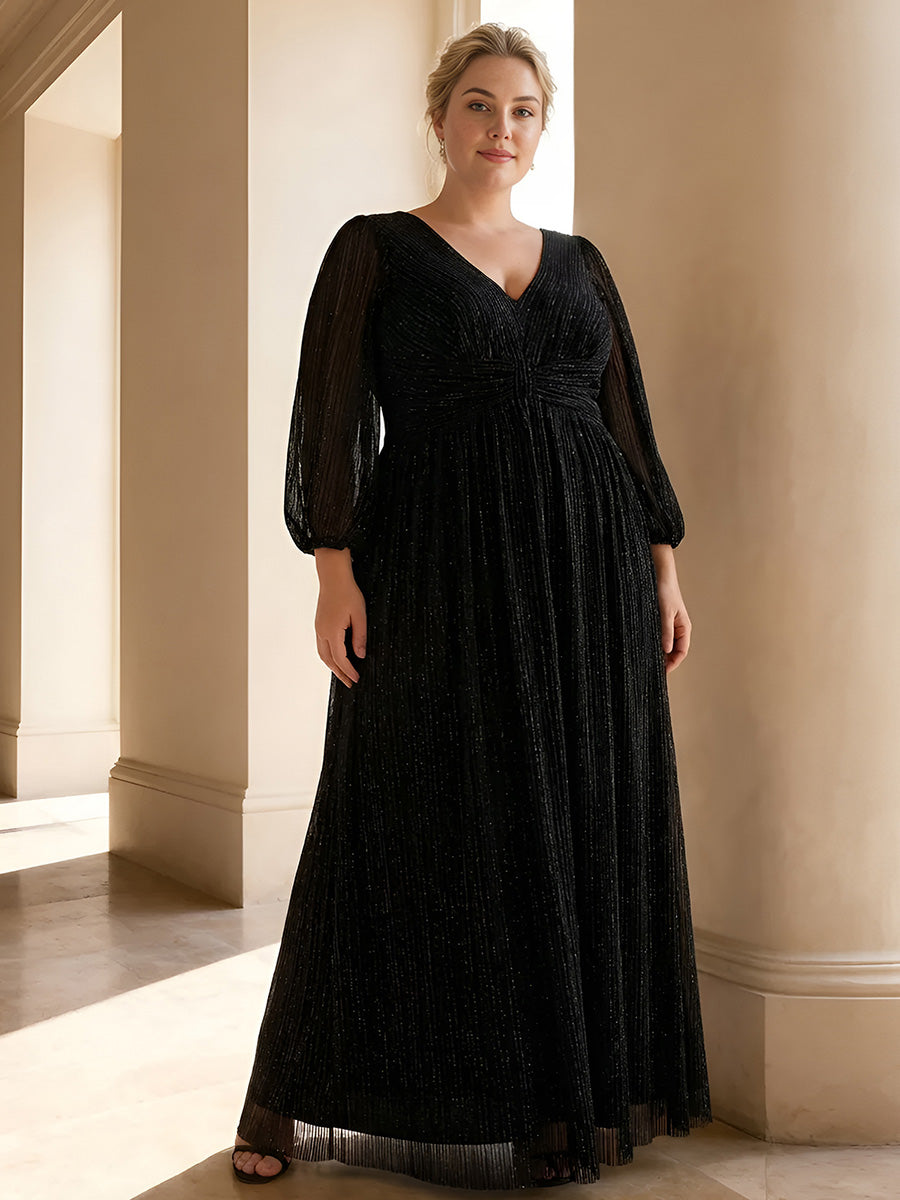 Plus Size Dazzling Empire Waist See-Through Long Sleeves A-Line Evening Dress #color_Black