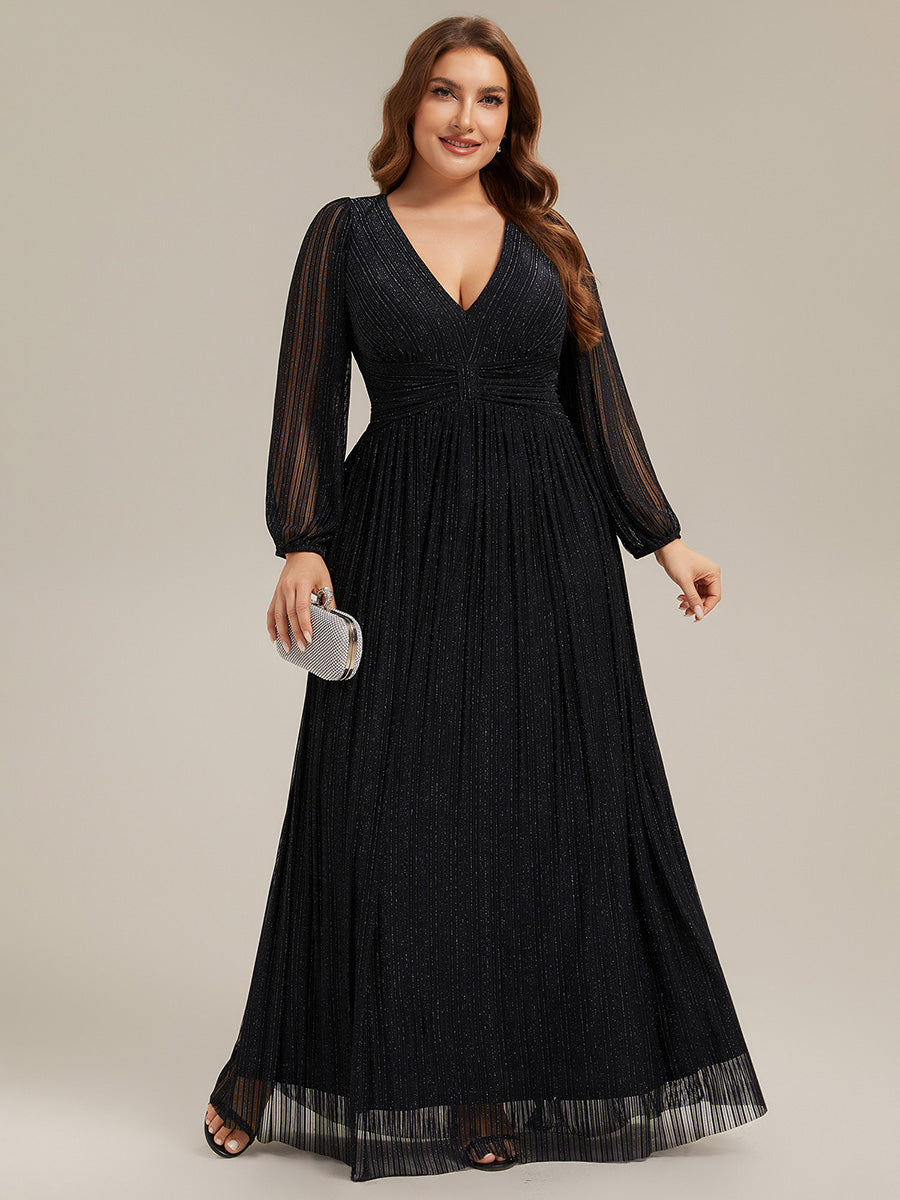 Plus Size Dazzling Empire Waist See-Through Long Sleeves A-Line Evening Dress #color_Black
