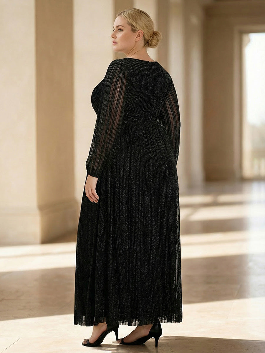 Plus Size Dazzling Empire Waist See-Through Long Sleeves A-Line Evening Dress #color_Black