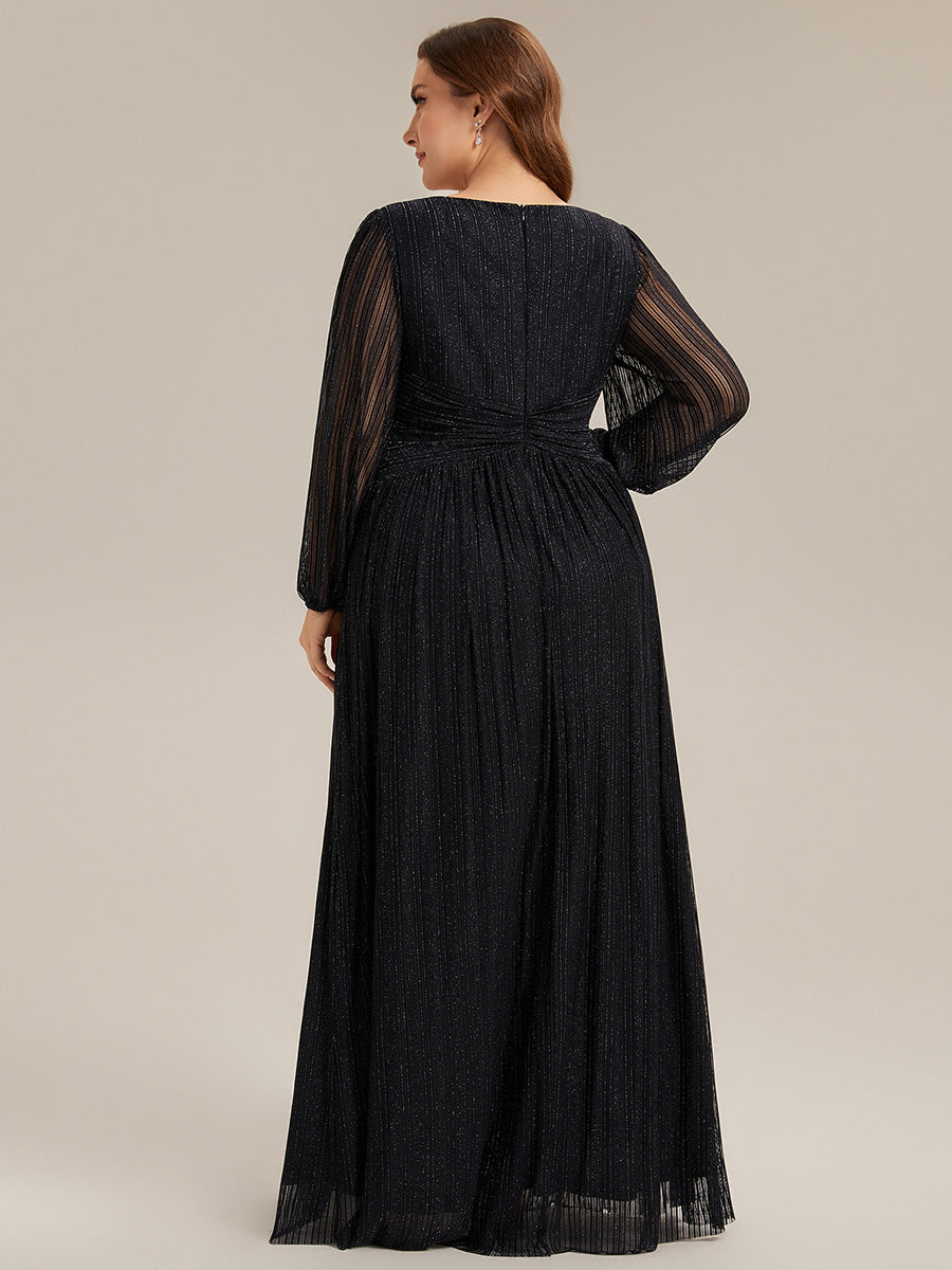 Plus Size Dazzling Empire Waist See-Through Long Sleeves A-Line Evening Dress #color_Black