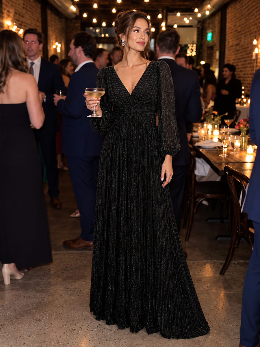 Glittery Empire Waist Long Lantern Sleeves A-Line Evening Dress #color_Black