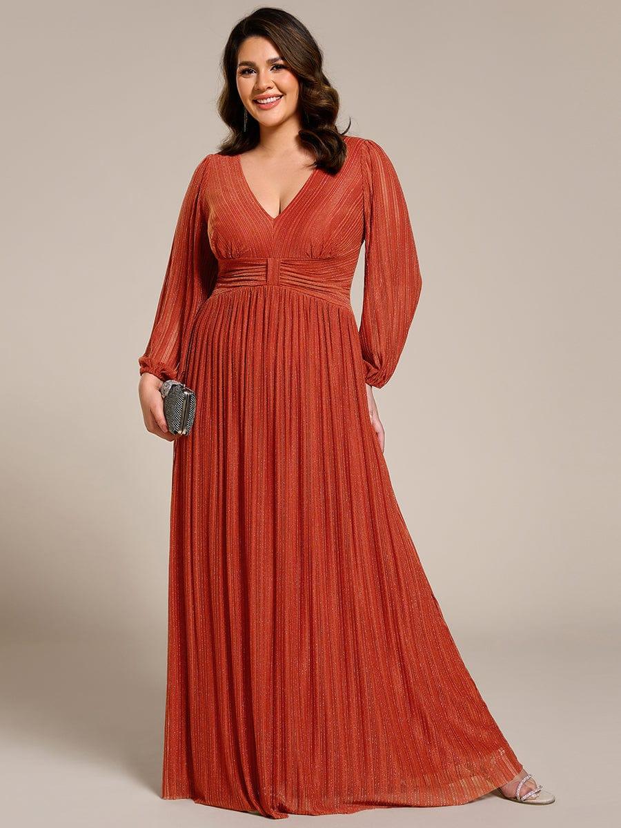 Plus Size Dazzling Empire Waist See-Through Long Sleeves A-Line Evening Dress #color_Burnt Orange