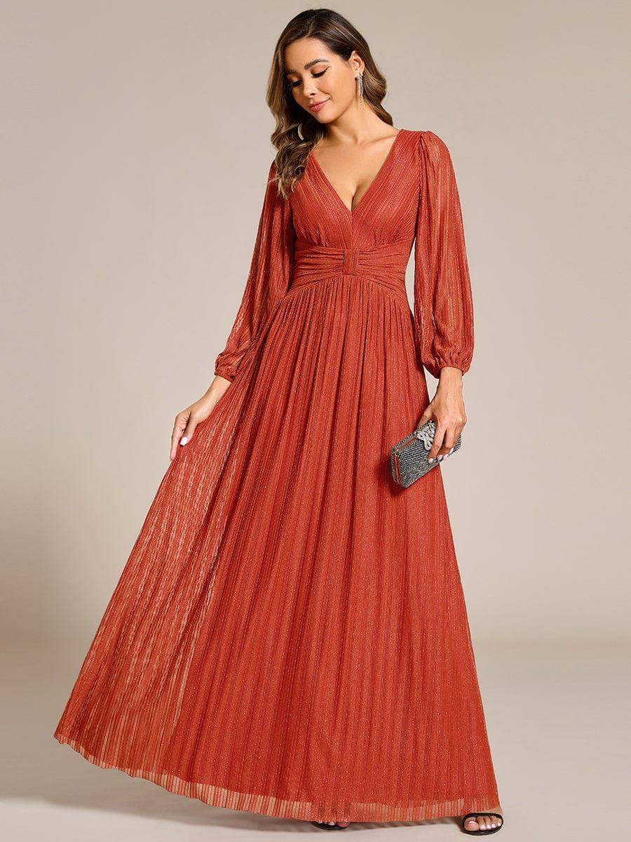Glittery Empire Waist Long Lantern Sleeves A-Line Evening Dress #color_Burnt Orange