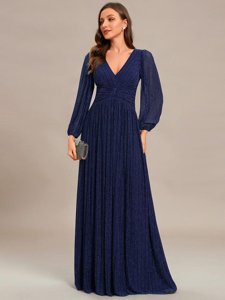 Sequin Long Lantern Sleeves Maxi Wedding Guest Dress #color_Navy Blue