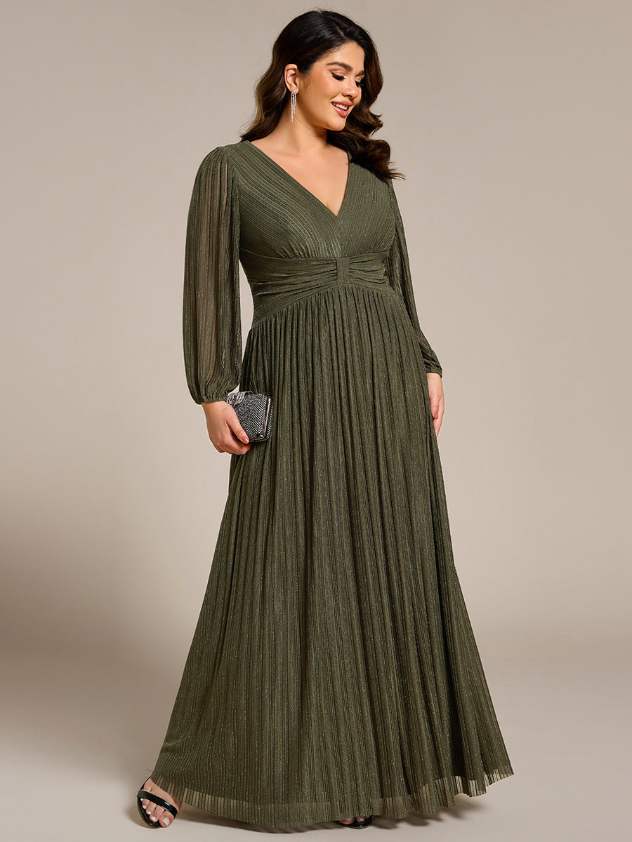Plus Size Dazzling Empire Waist See-Through Long Sleeves A-Line Evening Dress #color_Olive Green