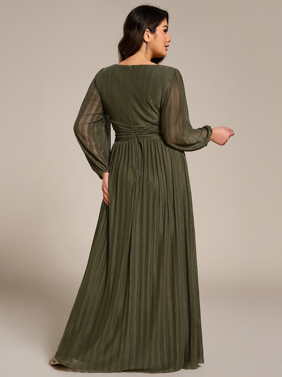 Plus Size Dazzling Empire Waist See-Through Long Sleeves A-Line Evening Dress #color_Olive Green