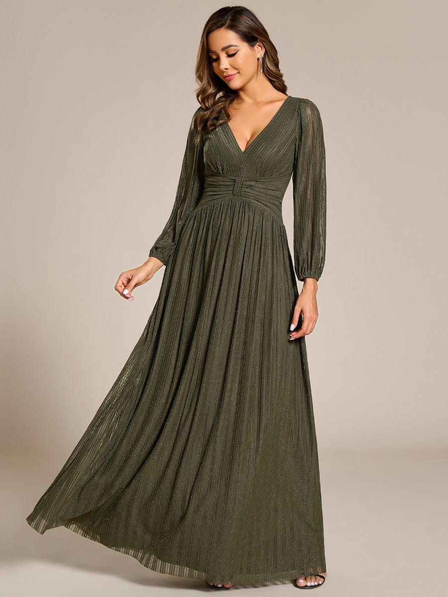 Glittery Empire Waist Long Lantern Sleeves A-Line Evening Dress #color_Olive Green
