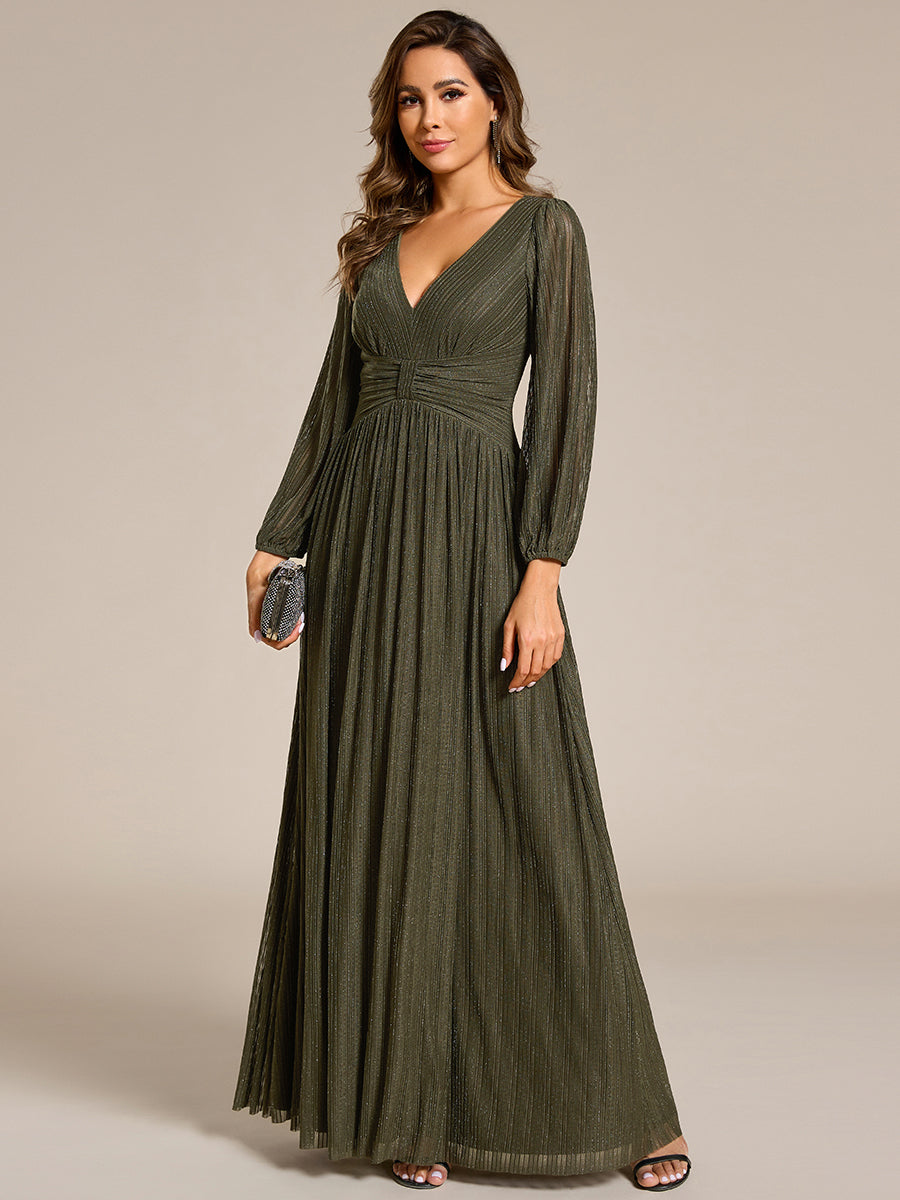 Sequin Long Lantern Sleeves Maxi Wedding Guest Dress #color_Olive Green