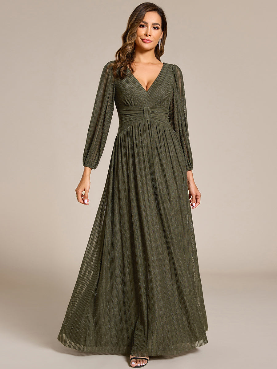 Glittery Empire Waist Long Lantern Sleeves A-Line Evening Dress #color_Olive Green