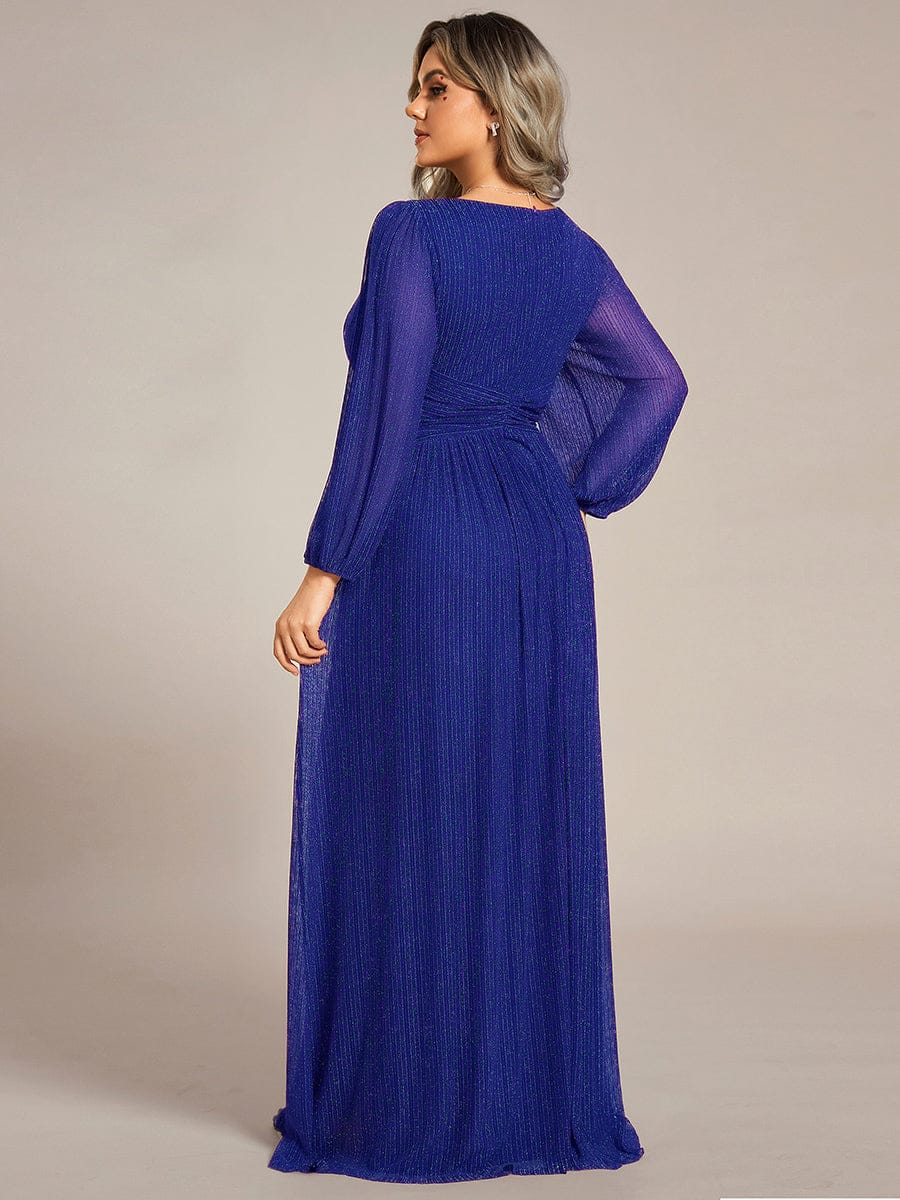 Plus Size Dazzling Empire Waist See-Through Long Sleeves A-Line Evening Dress #color_Sapphire Blue