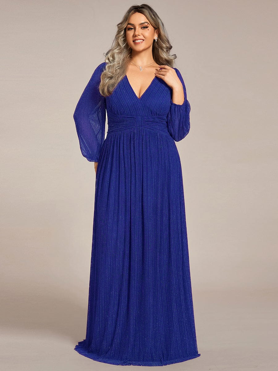 Glittery Empire Waist Long Lantern Sleeves A-Line Evening Dress #color_Sapphire Blue