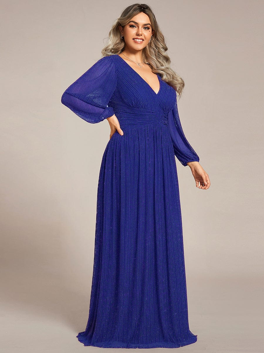 Glittery Empire Waist Long Lantern Sleeves A-Line Evening Dress #color_Sapphire Blue