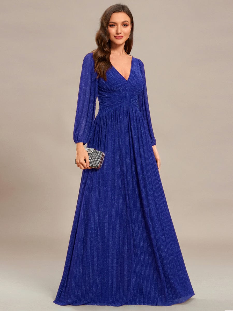 Glittery Empire Waist Long Lantern Sleeves A-Line Evening Dress #color_Sapphire Blue