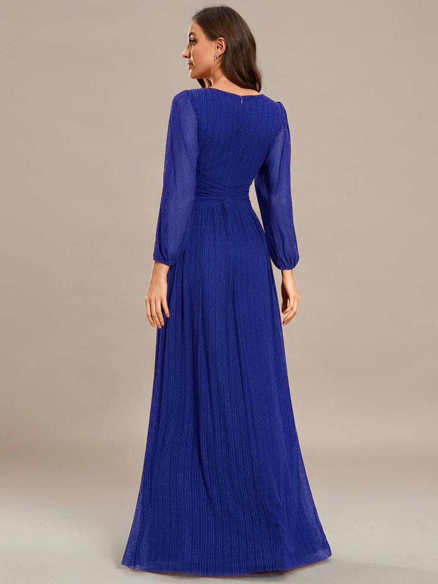 Glittery Empire Waist Long Lantern Sleeves A-Line Evening Dress #color_Sapphire Blue
