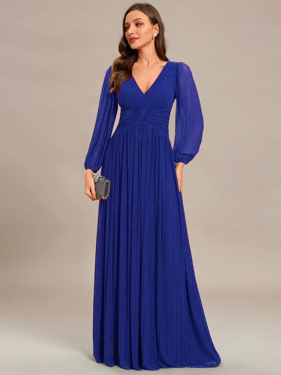 Glittery Empire Waist Long Lantern Sleeves A-Line Evening Dress #color_Sapphire Blue