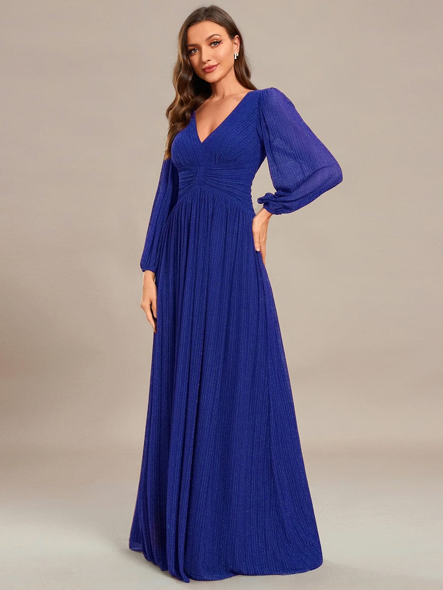 Glittery Empire Waist Long Lantern Sleeves A-Line Evening Dress #color_Sapphire Blue