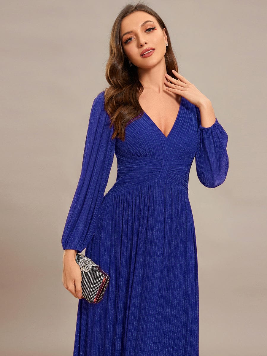 Glittery Empire Waist Long Lantern Sleeves A-Line Evening Dress #color_Sapphire Blue