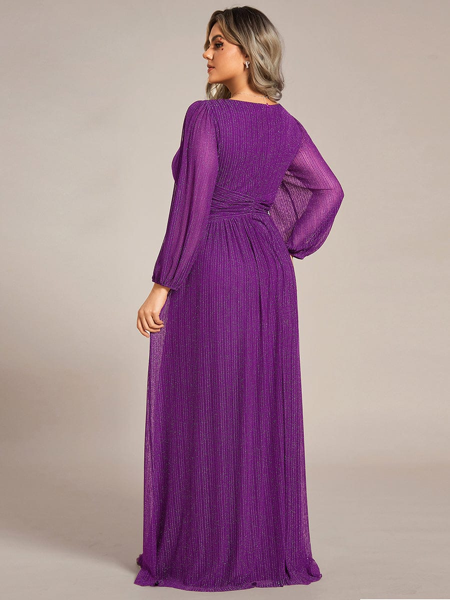 Plus Size Dazzling Empire Waist See-Through Long Sleeves A-Line Evening Dress #color_Sparkling Grape
