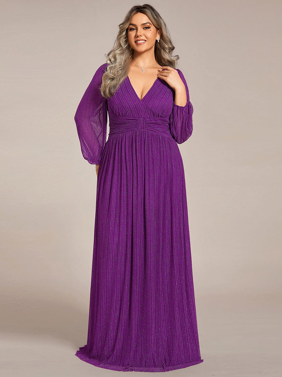 Plus Size Dazzling Empire Waist See-Through Long Sleeves A-Line Evening Dress #color_Sparkling Grape