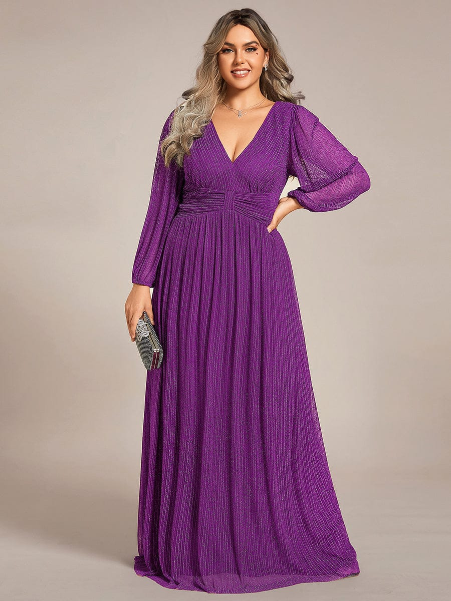 Plus Size Dazzling Empire Waist See-Through Long Sleeves A-Line Evening Dress #color_Sparkling Grape