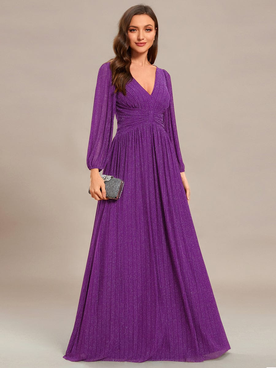 Glittery Empire Waist Long Lantern Sleeves A-Line Evening Dress #color_Sparkling Grape